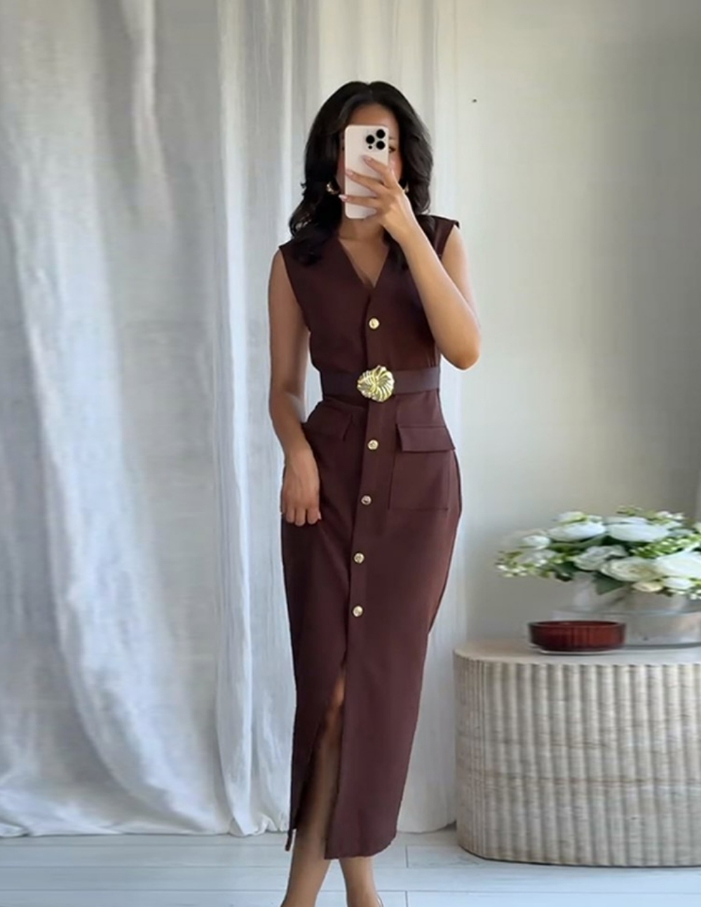 Zara Sleeveless Brown Button-Front Midi Dress with Gold Buckle